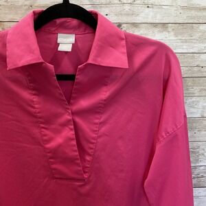 Chicos Dolman Womens 00 Shirt Popover Pink Poplin Tunic 3/4 Sleeve Stretch Vneck